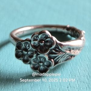 Forget Me Not Spoon Ring in Sterling Silver Antique Vintage Handmade #119